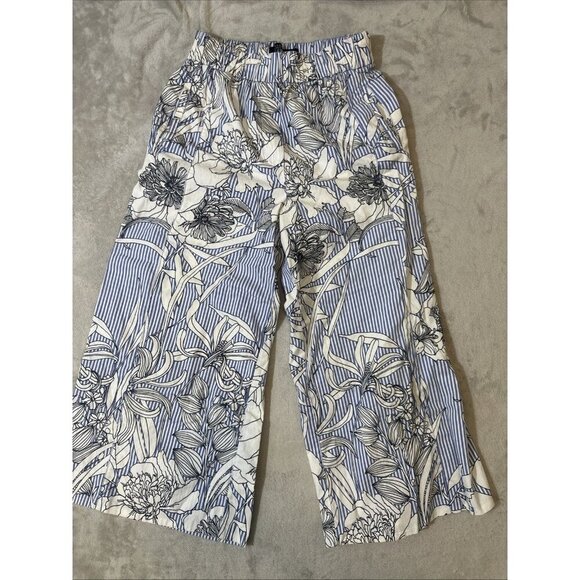 Zara Women’s Small Wide Leg Pants Blue White Stripe Floral Print Cropped - Picture 3 of 8